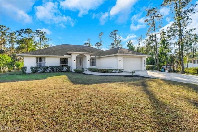 single story home featuring a garage and a front lawn