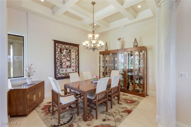 dining space featuring beamed ceiling, light tile patterned floors, and decorative columns