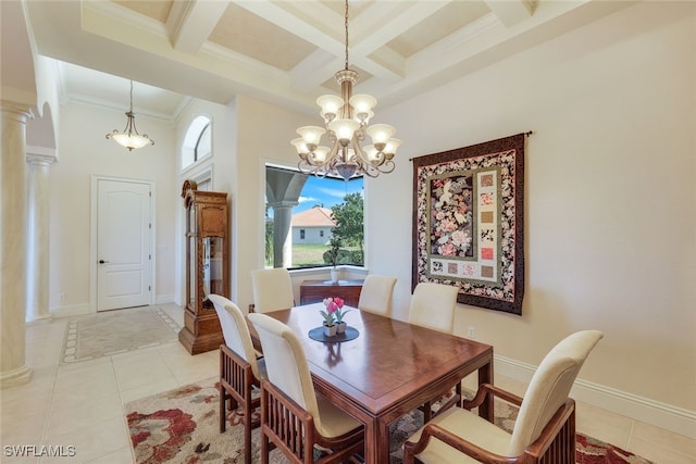 tiled dining room with ornate columns, coffered ceiling, crown molding, beam ceiling, and an inviting chandelier