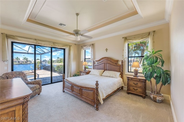 carpeted bedroom with access to exterior, a water view, multiple windows, and a tray ceiling