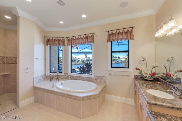 bathroom featuring tile patterned floors, vanity, ornamental molding, and shower with separate bathtub