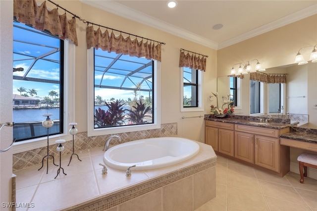 bathroom with tile patterned floors, tiled bath, a water view, vanity, and ornamental molding