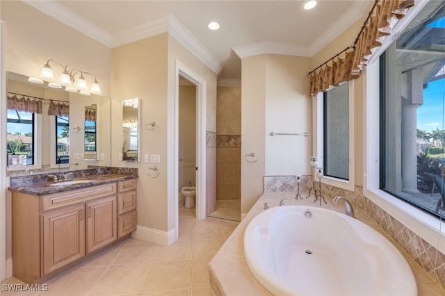 bathroom featuring plenty of natural light, a relaxing tiled tub, and crown molding