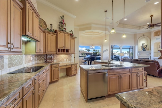 kitchen with sink, hanging light fixtures, stainless steel dishwasher, an island with sink, and black electric cooktop