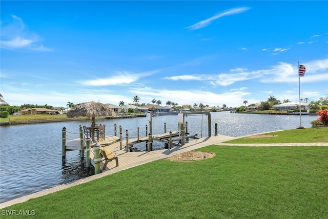 dock area featuring a lawn and a water view