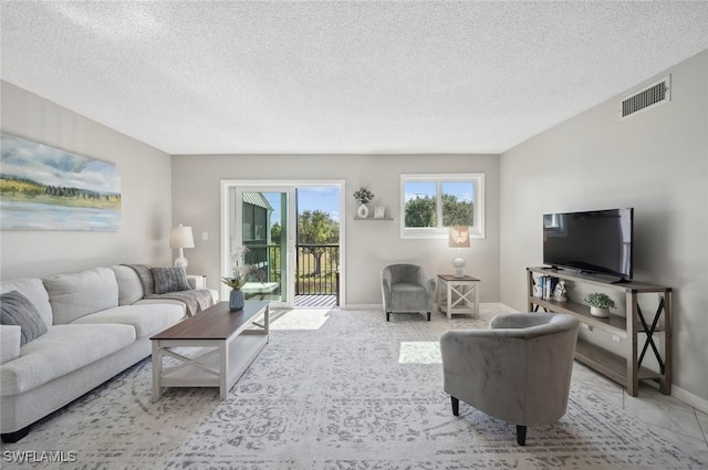 living room featuring a textured ceiling