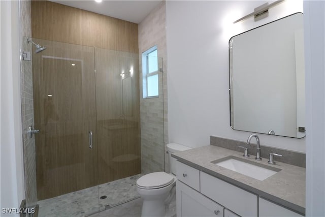 full bathroom featuring vanity, a shower stall, and toilet