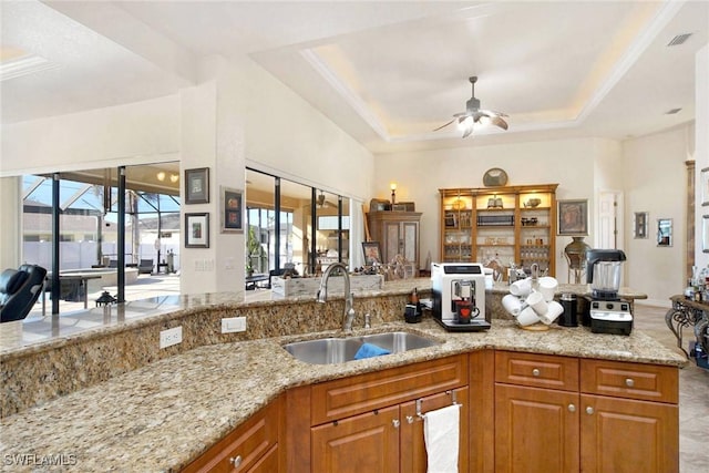 kitchen featuring a raised ceiling, sink, and a wealth of natural light