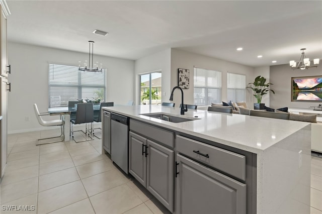 kitchen with a kitchen island with sink, sink, pendant lighting, a notable chandelier, and dishwasher