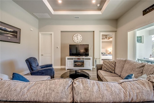 living room featuring a raised ceiling and wood-type flooring