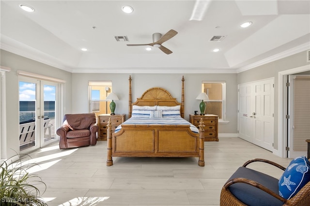 bedroom with french doors, ceiling fan, access to exterior, ornamental molding, and a closet