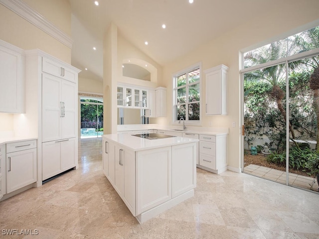 kitchen featuring white cabinetry, sink, and high vaulted ceiling