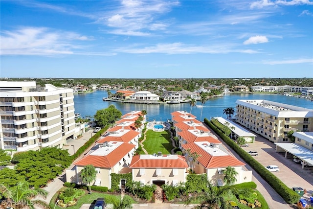 drone / aerial view with a water view