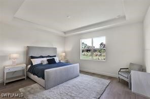 bedroom featuring hardwood / wood-style flooring and a tray ceiling