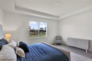 bedroom with a tray ceiling, radiator heating unit, and hardwood / wood-style floors