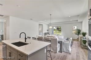 kitchen with light wood-type flooring, a kitchen island with sink, hanging light fixtures, and sink