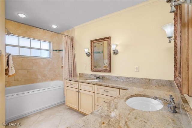 bathroom with vanity, tile patterned floors, and crown molding