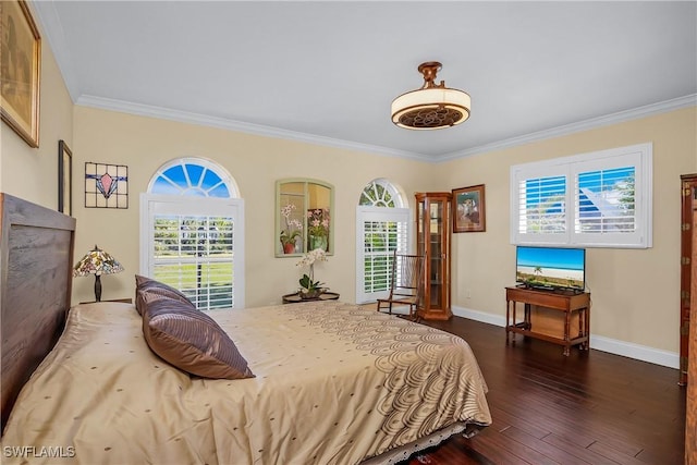 bedroom with crown molding and dark wood-type flooring