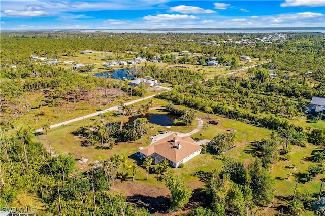 drone / aerial view featuring a water view