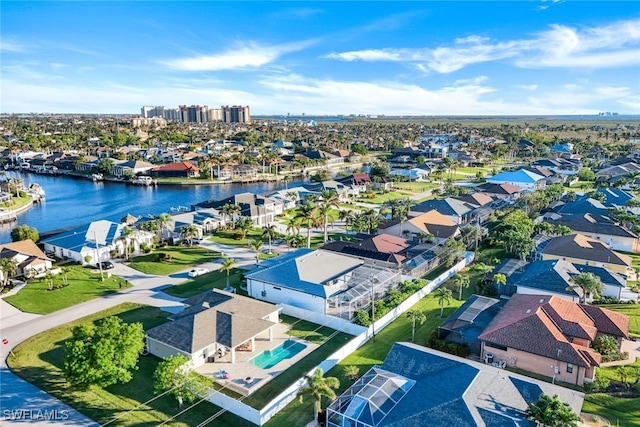 drone / aerial view featuring a water view