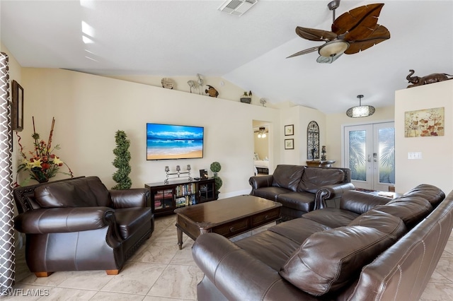 tiled living room with french doors, vaulted ceiling, and ceiling fan