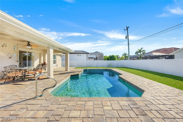 view of pool featuring a patio area and ceiling fan