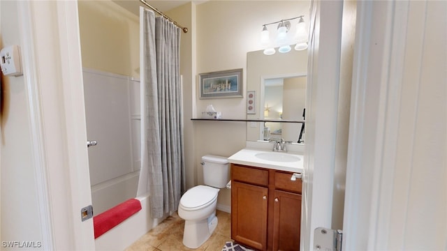 full bathroom with tile patterned floors, vanity, toilet, and shower / bathtub combination with curtain