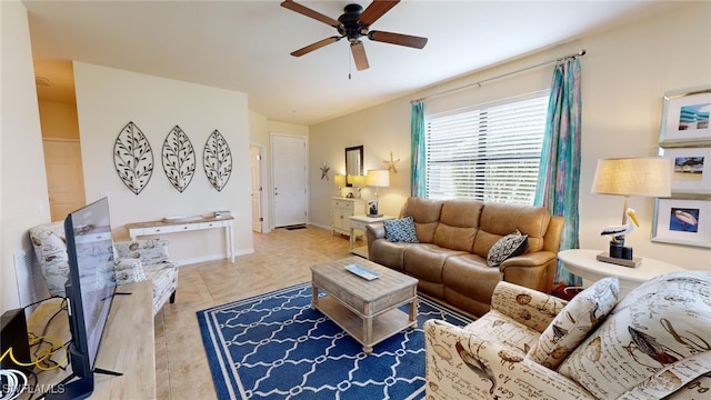 tiled living room featuring ceiling fan