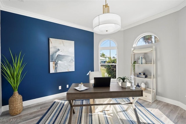 office space with crown molding and light wood-type flooring