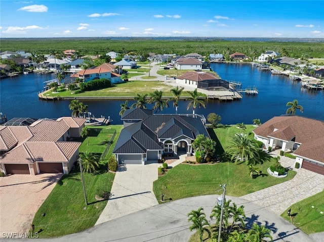 bird's eye view with a water view