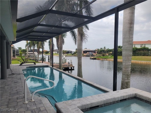 swimming pool with a water view and a boat dock