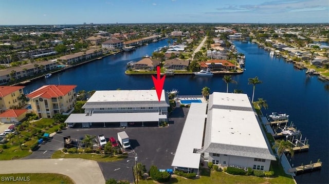 bird's eye view with a water view