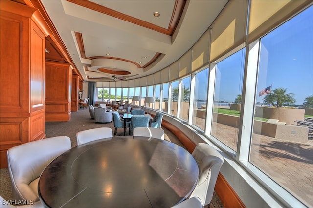 sunroom featuring a raised ceiling and ceiling fan