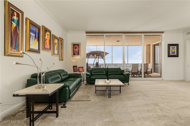 living room featuring light carpet and ornamental molding