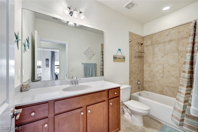 full bathroom with tile patterned flooring, vanity, toilet, and shower / bathtub combination with curtain