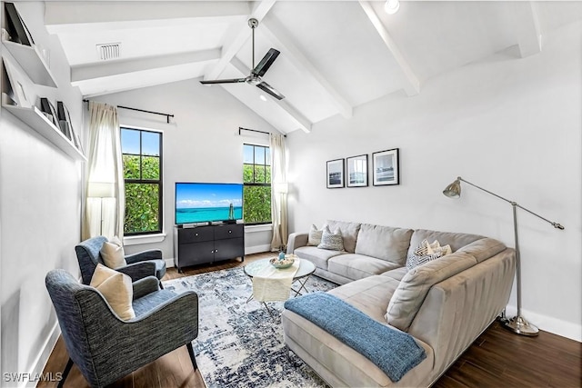 living room with beamed ceiling, dark hardwood / wood-style floors, ceiling fan, and high vaulted ceiling