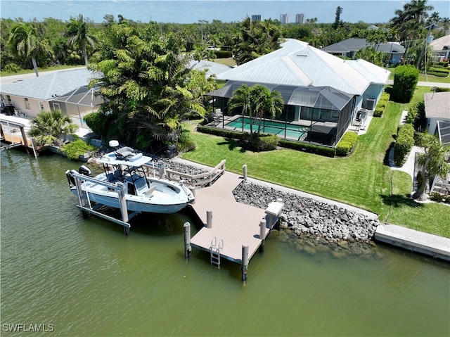 bird's eye view with a water view