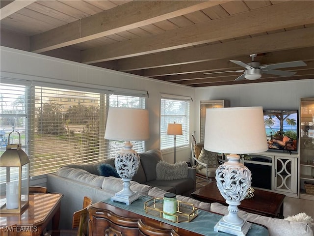 living room with beamed ceiling, ceiling fan, wood-type flooring, and wooden ceiling