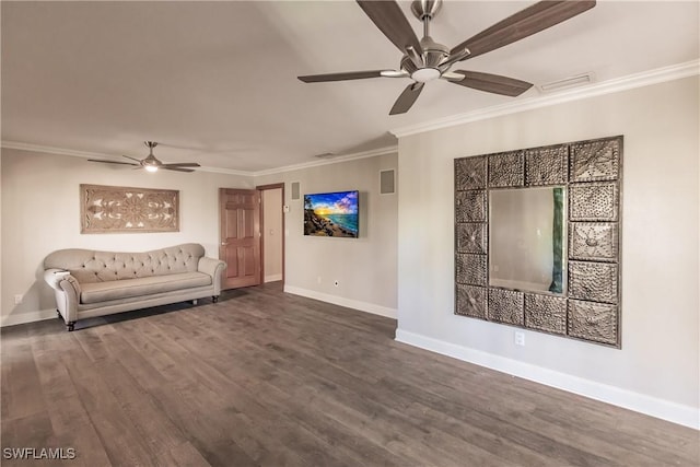 unfurnished living room featuring ornamental molding, dark hardwood / wood-style floors, and ceiling fan