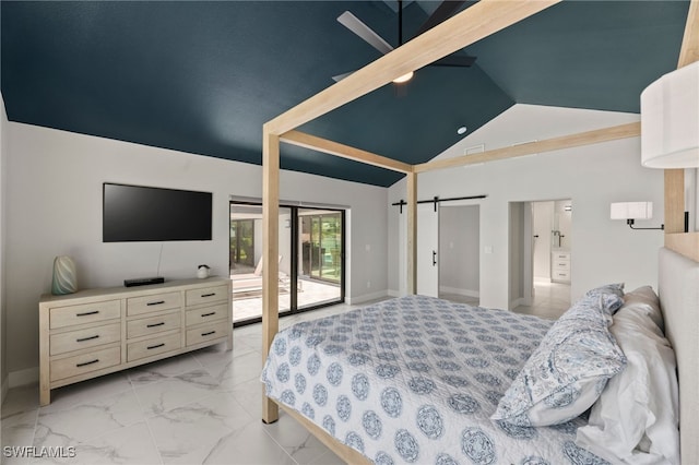 bedroom featuring a barn door, access to outside, and lofted ceiling