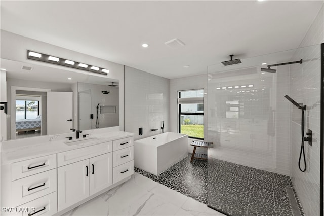 bathroom with vanity, independent shower and bath, and a healthy amount of sunlight