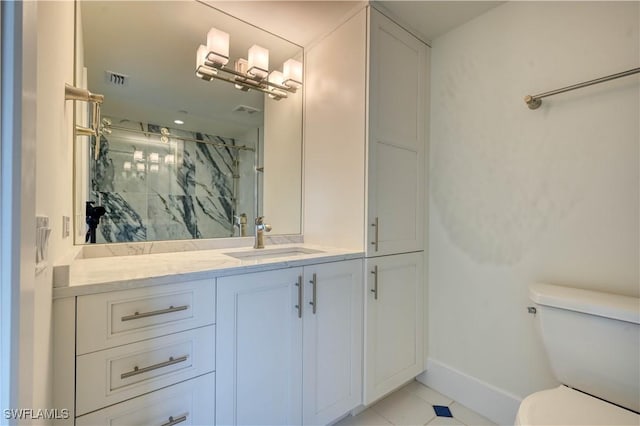 bathroom with walk in shower, tile patterned flooring, vanity, and toilet