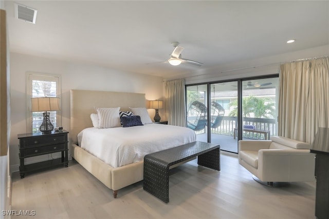 bedroom with access to exterior, light hardwood / wood-style flooring, and ceiling fan