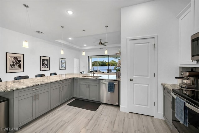 kitchen with sink, ceiling fan, gray cabinets, light hardwood / wood-style floors, and stainless steel appliances