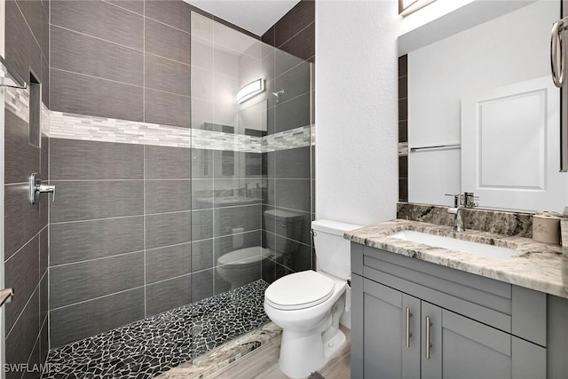 bathroom with tiled shower, hardwood / wood-style floors, vanity, and toilet