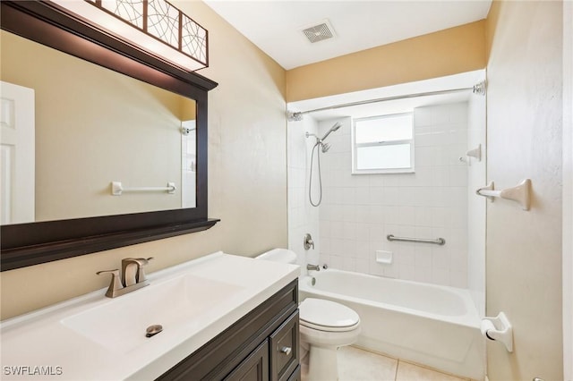 full bathroom featuring tile patterned flooring, vanity, tiled shower / bath combo, and toilet