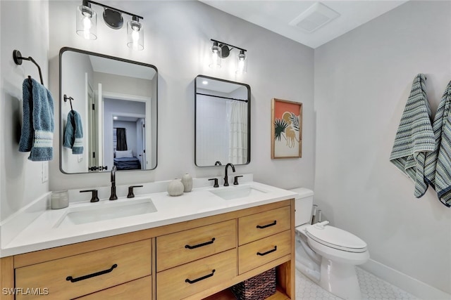 bathroom featuring tile patterned floors, vanity, toilet, and a shower with curtain