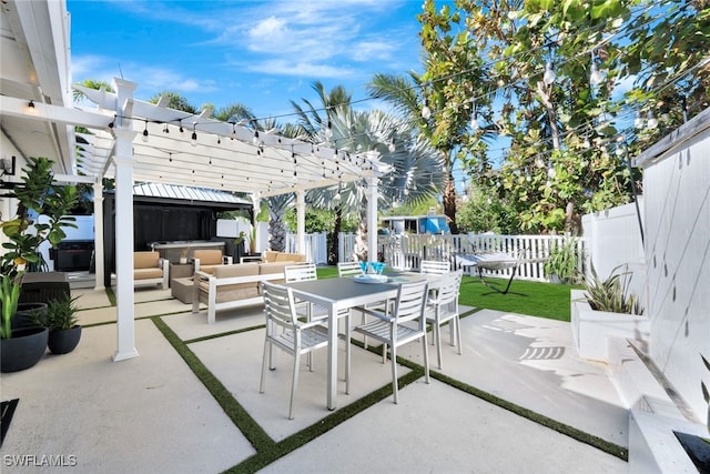 view of patio featuring outdoor lounge area and a pergola