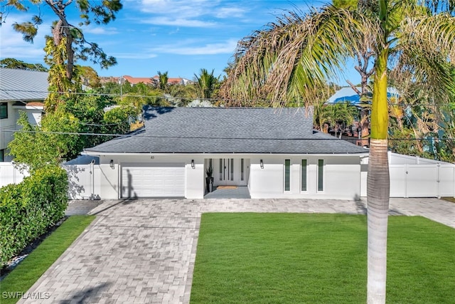 view of front of property with a front lawn and a garage