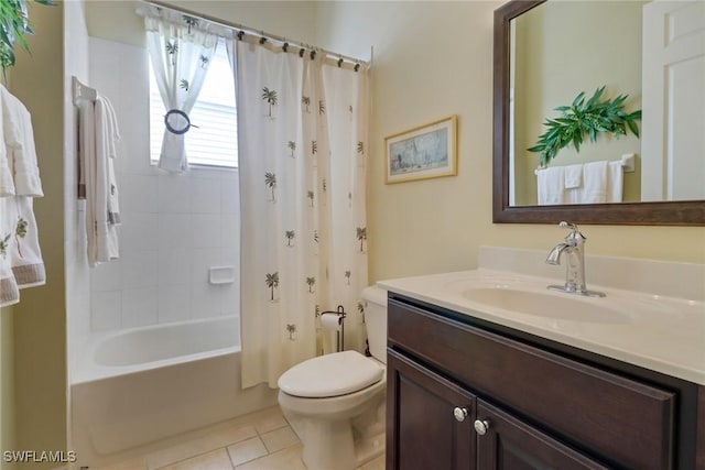 full bathroom with tile patterned floors, shower / bathtub combination with curtain, vanity, and toilet